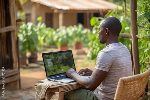  Young African farmer with a laptop, technology in the agriculture concept.