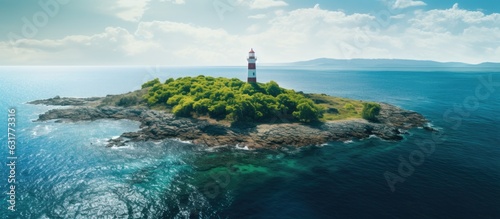 A lighthouse stands tall on a green island surrounded by azure water. The sky above is a light blue, adorned with white clouds. The sun's rays reflect off the water, making it shimmer. Taken from