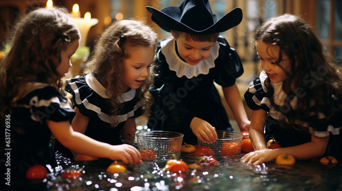 Children bobbing for apples at a Halloween party, Halloween Generative AI