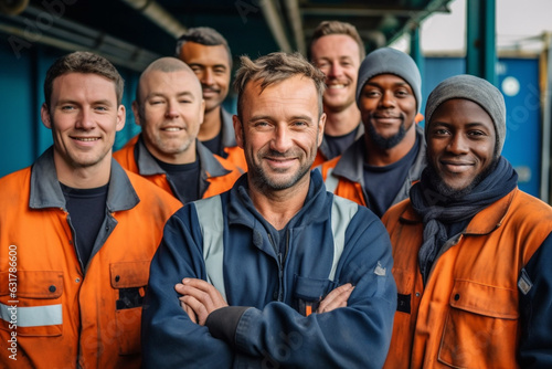 Commercial ship crew standing and together