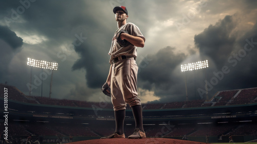 Baseball Pitcher Standing on the Mound of a Stadium About to Throw a Pitch. Thunderous Cloudy Day. Full Game With Lights. Concept of Play, Throw, Ball, and Pitch.