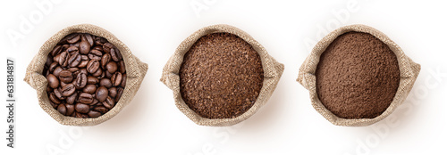 Various types of coffee with roasted coffee bean, ground coffee (coffee powder) in sack bag isolated on white background, top view, flat lay.