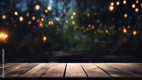 Empty wooden table with evening campsite in the background, for product display