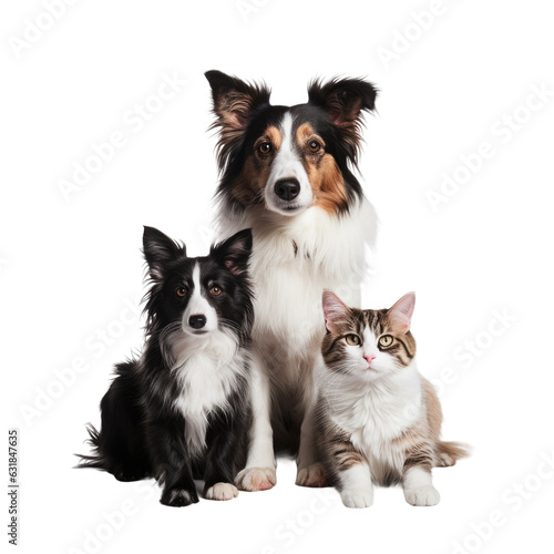 Border collie, cat, and Papillion dog posing for a photo against a transparent backround.