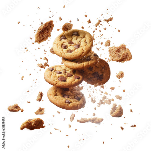 Bakery products flying in the air with a cookie falling on transparent.