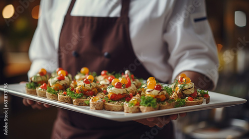 A server elegantly presenting hors d'oeuvres on a tray at a celebratory occasion, festive gathering, or wedding reception hosted by a catering company. Generative AI