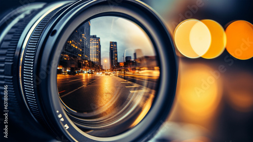 close-up of a photographer's camera lens reflecting