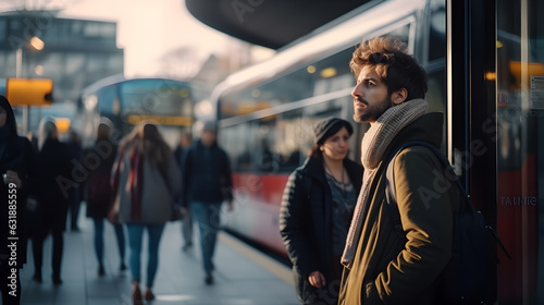 People waiting patiently at a bus stop, train platform, or tram station, showcasing the anticipation of their journey