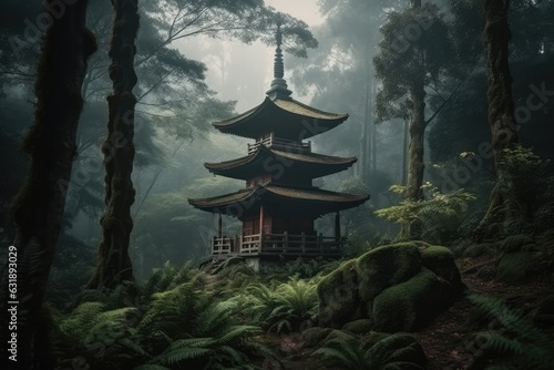 Mystical forest landscape with traditional japanese building, generative AI