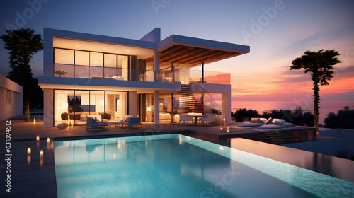 Exterior of modern minimalist cubic villa with swimming pool at sunset. 