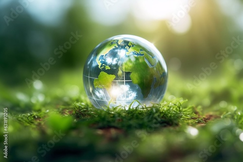 Glass globe on green forest background. Eco concept. Transformative power. Gossy globe in green grass.