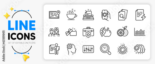 Job interview, Opened gift and Dj controller line icons set for app include Apple, Engineering, Coffee cup outline thin icon. Employees teamwork, Time management, Doctor pictogram icon. Vector