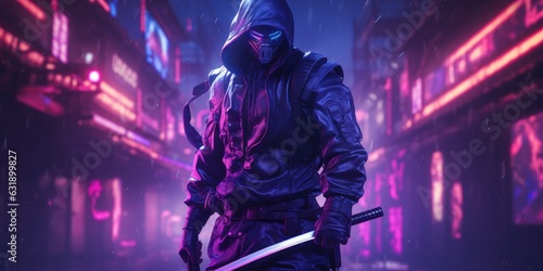 cyborg ninja katana neon purple blue cyberpunk 