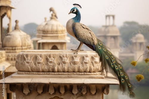 Peacock on the edge of the Taj Mahal in Agra, India, A captivating image of a majestic exotic bird in city, AI Generated