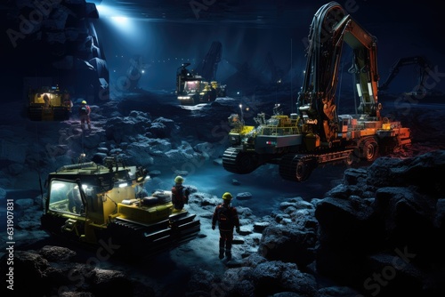 Underground construction site. Big yellow excavator working on a construction site at night, mining in Pacific, with an underwater environment and unique features of the mine, AI Generated