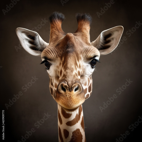 A Nubian giraffe with characteristic chestnut-colored spots surrounded by white lines. Studio portrait of a face on a dark background. 