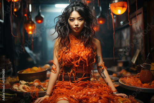 A gorgeous tattooed Asian woman in a messy restaurant kitchen sitting on a table. She is all covered with orange noodles with juicy sauce.
