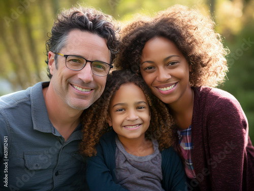 Casual close-up portrait of mixed-race family of white father, black mother, and biracial daughter. All are looking at the camera and smiling.
