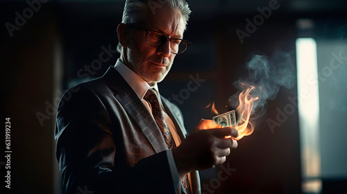 Serious businessman in business suit and glasses is holding a burning banknote. Burning money currency at the office. Financial crisis. Economic problems, inflation, recession concept.