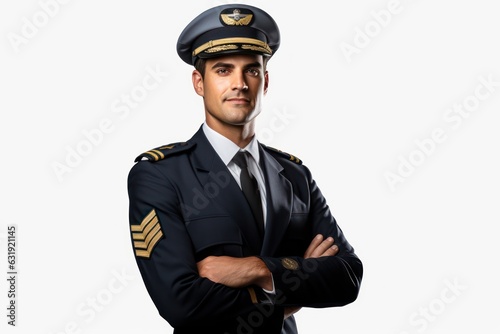 a closeup photo of a young american aircraft plane pilot with uniform and his hat standing with his hands crossed. isolated on white studio background with a lot of blank copy space. Generative AI