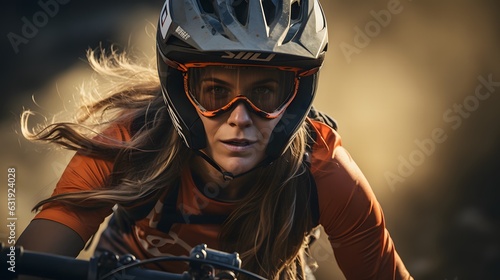 Cyclist girl in helmet and glasses on a mountain bike. Extreme Sport Concept. Young woman riding bicycle on mountain trail, cyclist on sports bike