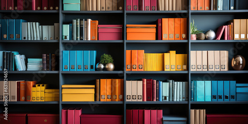 Bookshelf with colorful rainbow folders. Wallpaper with straight view of open bookcase. Modern interior design backdrop.