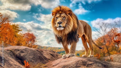 lion in the savanna african wildlife landscape.