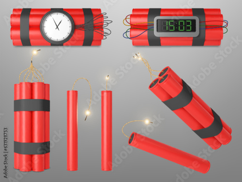 Realistic 3d red dynamite bombs. Detonator tnt bomb and explosive dynamites with timers. Isolated weapon and firecracker, pithy vector elements