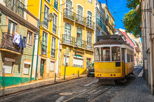 Famous vintage tram in the street of Alfama, Lisbon, Portugal
