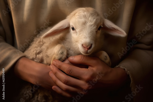 The hands of Jesus Christ gently holding a lamb. Conceptual image depicting a sense of protection and care. AI generated image