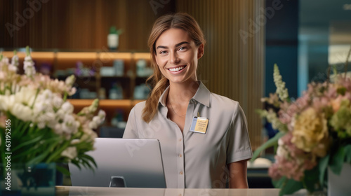 Close-up of a female hotel front desk clerk expertly handling a phone call
