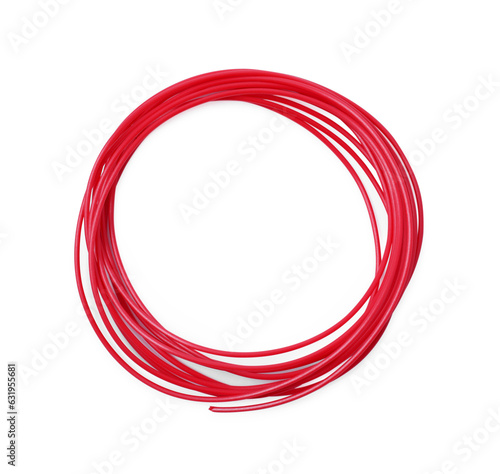 Red plastic filament for 3D pen on white background, top view