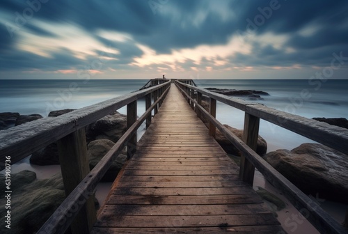 Wooden bridge with the beauty of the beach, long exposure. generative ai