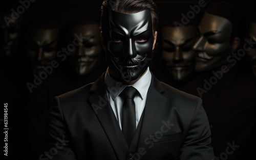 man in a suit wearing black mask. Hiding his true identity, intentions, or actions.