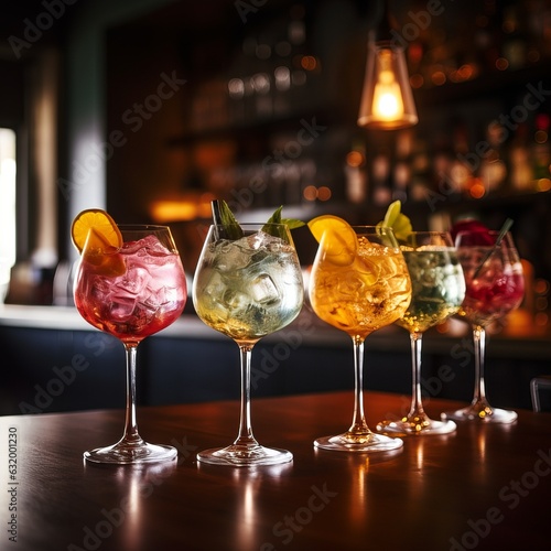 colorful gin tonic cocktails in wine glasses on bar counter in pup or restaurant
