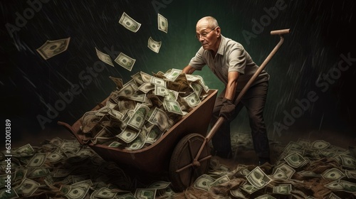 man pushing a wheelbarrow full of money.Made with the highest quality generative AI tools