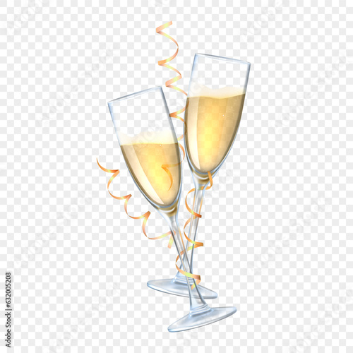 Cheers. Champagne glasses toast. Glass wine, celebration of new year or christmas, happy wedding, party and birthday, gold ribbon, white wine. Vector illustration isolated on transparent background