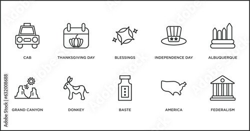 united states of america outline icons set. thin line icons such as blessings, independence day, albuquerque, grand canyon, donkey, baste, america vector.