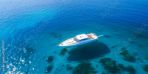 Spectacular aerial view of a solitary yacht cruising azure Mediterranean waters near Spains coast, embodying serenity, freedom and summer adventure. Generative AI