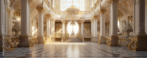 A classic extravagant European style palace room with gold decorations. Realistic illustration. wide format, Hand edited generative AI. 