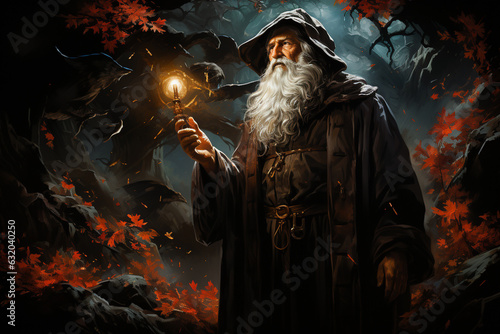 Wise Merlin the Wizard boldly confronting a Magical Creature