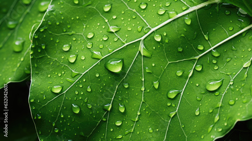 Texture of green leaf with water drops. Created with Generative AI technology.