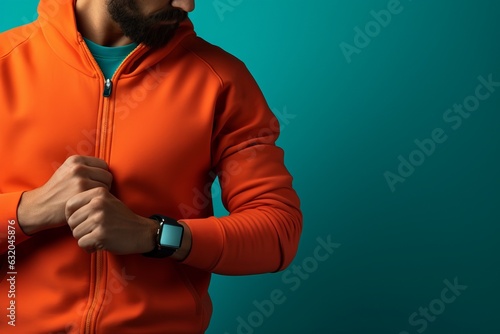 hombre fitness musculado que lleva un smartwatch, mockup reloj para hacer entrenamiento con colores vivos