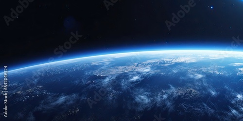 Blue space background with earth and galaxy. Abstract wallpaper with planetary glow. Science and education in outer space