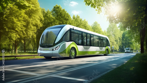 Moyen de transport écologique, bus vert, arbres vert.