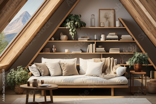 Rustic sofa against shelving unit with books, scandinavian home interior design of modern living room in attic with skylights.