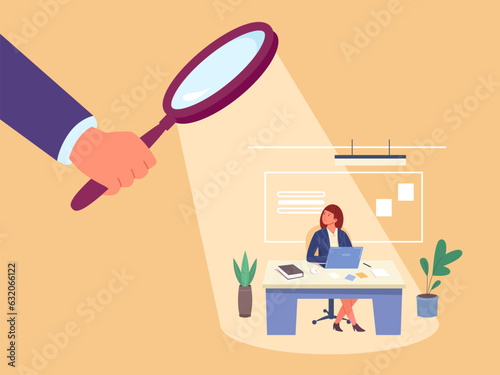Work supervision. Employee control, observational boss supervise overworked manager advice apprentice, professional guidace processing, spy hand with magnifier vector illustration