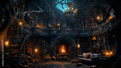 In a cozy library within a haunted castle, a storyteller regales an audience of curious spirits with captivating tales of Halloween lore and legend. Generative AI