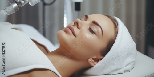 Relaxed young woman with closed eyes receives a vacuum facial cleaning procedure from a beautician.