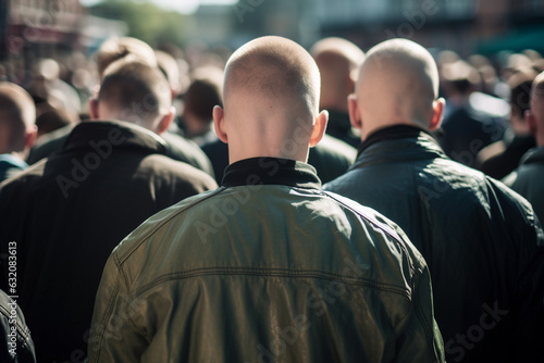 Back view of group of skinhead neo-nazis in leather jackets. 